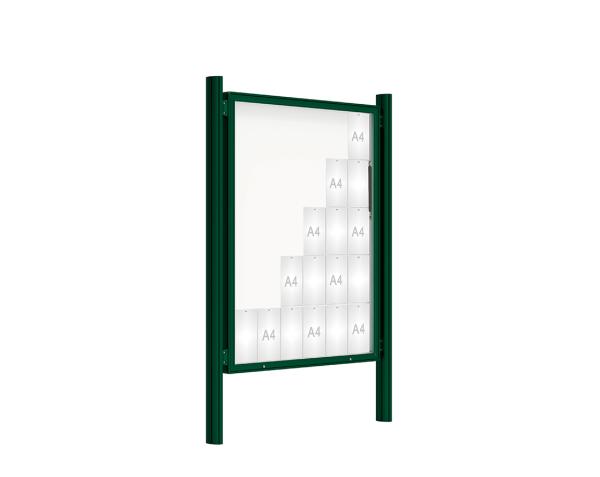 Schaukasten 2000 mit Quatro-Pfosten Farbe:RAL 6005|Abmessungen:30 A4 - B 1350 x 1710 mm - Klapptür|Pfosten:Pfosten-Set zum Einbetonieren - Ohne Titelleiste