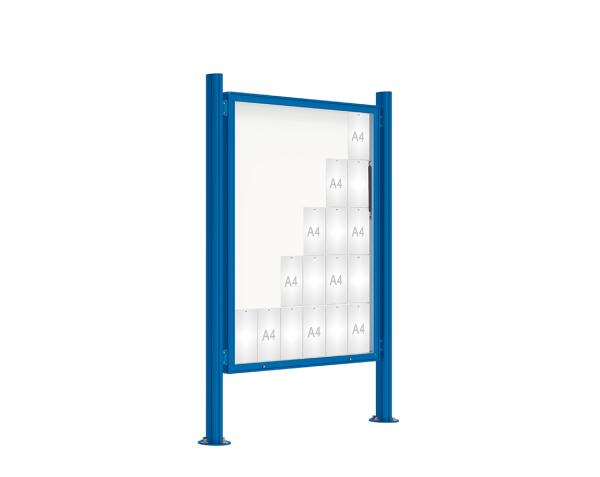 Schaukasten 2000 mit Quatro-Pfosten Farbe:RAL 5010|Abmessungen:30 A4 - B 1350 x 1710 mm - Klapptür|Pfosten:Pfosten-Set auf Bodenplatten - Ohne Titelleiste