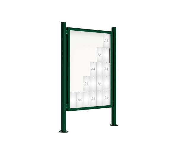 Schaukasten 2000 mit Quatro-Pfosten Farbe:RAL 6005|Abmessungen:30 A4 - B 1350 x 1710 mm - Klapptür|Pfosten:Pfosten-Set auf Bodenplatten - Ohne Titelleiste