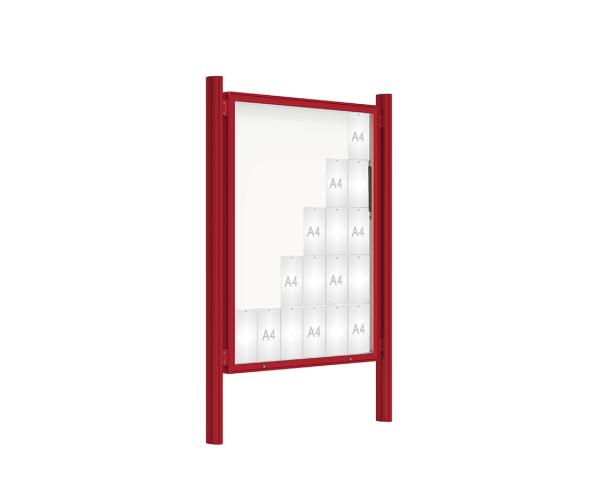 Schaukasten 2000 mit Quatro-Pfosten Farbe:RAL 3004|Abmessungen:30 A4 - B 1350 x 1710 mm - Klapptür|Pfosten:Mittelpfosten zum Einbetonieren - Ohne Titelleiste