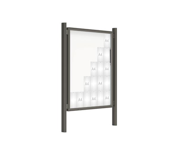 Schaukasten 2000 mit Quatro-Pfosten Farbe:Procity grau|Abmessungen:30 A4 - B 1350 x 1710 mm - Klapptür|Pfosten:Mittelpfosten zum Einbetonieren - Ohne Titelleiste