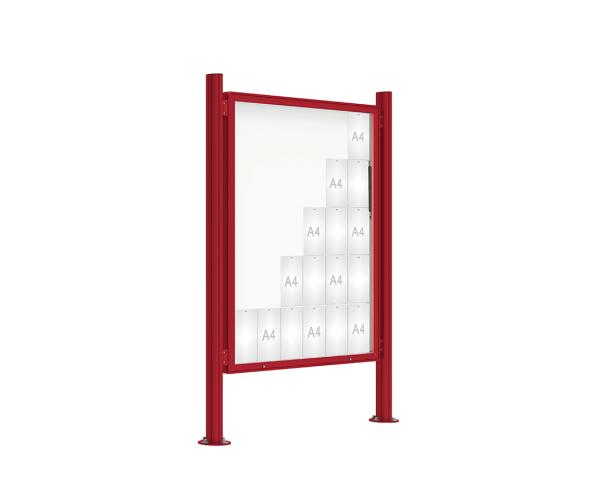 Schaukasten 2000 mit Quatro-Pfosten Farbe:RAL 3004|Abmessungen:30 A4 - B 1350 x 1710 mm - Klapptür|Pfosten:Mittelpfosten auf Bodenplatte - Ohne Titelleiste