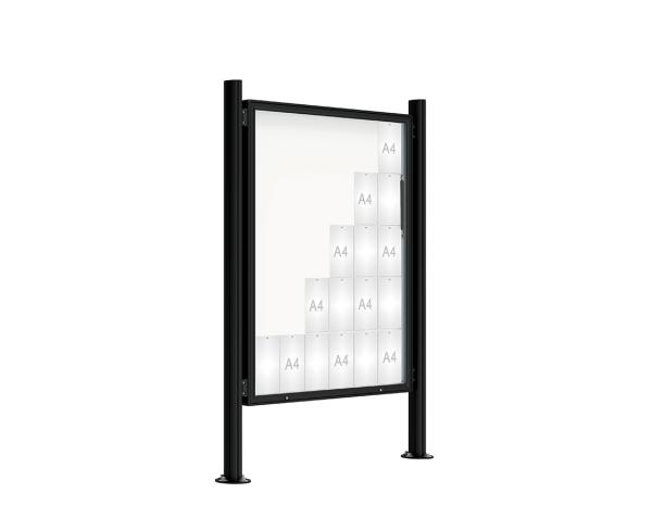 Schaukasten 2000 mit Quatro-Pfosten Farbe:RAL 9005|Abmessungen:30 A4 - B 1350 x 1710 mm - Klapptür|Pfosten:Mittelpfosten auf Bodenplatte - Ohne Titelleiste