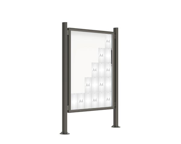 Schaukasten 2000 mit Quatro-Pfosten Farbe:Procity grau|Abmessungen:30 A4 - B 1350 x 1710 mm - Klapptür|Pfosten:Mittelpfosten auf Bodenplatte - Ohne Titelleiste