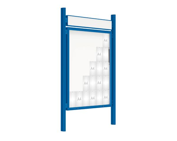 Schaukasten 2000 mit Quatro-Pfosten Farbe:RAL 5010|Abmessungen:30 A4 - B 1350 x 1710 mm - Klapptür|Pfosten:Pfosten-Set zum Einbetonieren - Mit Titelleiste