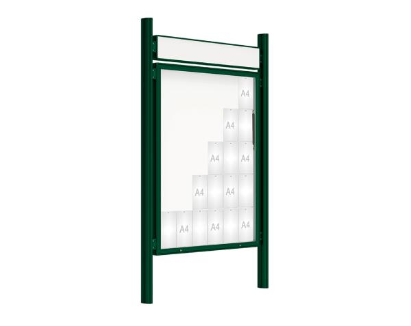 Schaukasten 2000 mit Quatro-Pfosten Farbe:RAL 6005|Abmessungen:30 A4 - B 1350 x 1710 mm - Klapptür|Pfosten:Pfosten-Set zum Einbetonieren - Mit Titelleiste