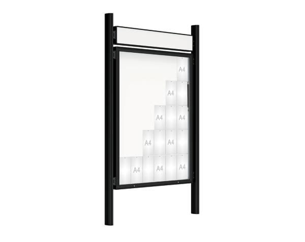Schaukasten 2000 mit Quatro-Pfosten Farbe:RAL 9005|Abmessungen:30 A4 - B 1350 x 1710 mm - Klapptür|Pfosten:Pfosten-Set zum Einbetonieren - Mit Titelleiste