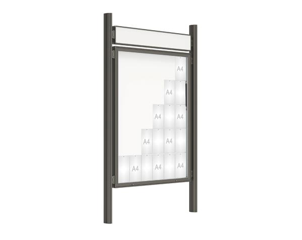 Schaukasten 2000 mit Quatro-Pfosten Farbe:Procity grau|Abmessungen:30 A4 - B 1350 x 1710 mm - Klapptür|Pfosten:Pfosten-Set zum Einbetonieren - Mit Titelleiste