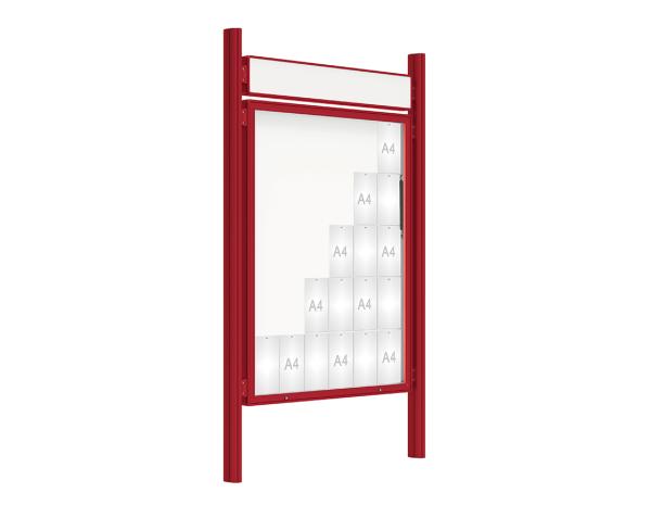 Schaukasten 2000 mit Quatro-Pfosten Farbe:RAL 3004|Abmessungen:30 A4 - B 1350 x 1710 mm - Klapptür|Pfosten:Mittelpfosten zum Einbetonieren - Mit Titelleiste