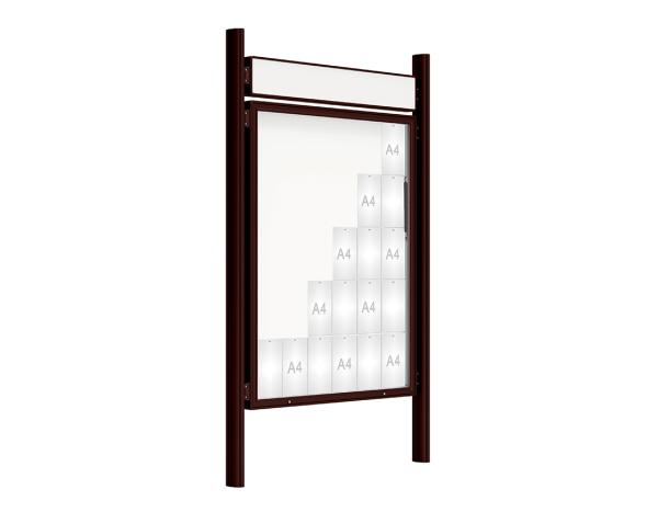 Schaukasten 2000 mit Quatro-Pfosten Farbe:RAL 8017|Abmessungen:30 A4 - B 1350 x 1710 mm - Klapptür|Pfosten:Mittelpfosten zum Einbetonieren - Mit Titelleiste