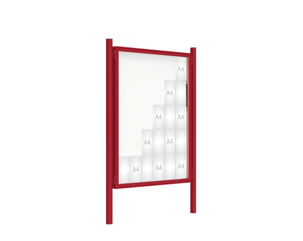 Schaukasten 2000 mit Pfosten Ø 76 mm Farbe:RAL 3004|Abmessungen:30 A4 - B 1350 x 1710 mm - Klapptür|Pfosten:Pfosten-Set zum Einbetonieren - Ohne Titelleiste