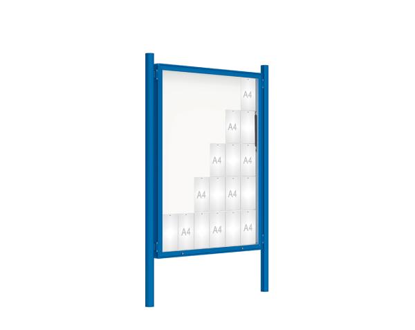 Schaukasten 2000 mit Pfosten Ø 76 mm Farbe:RAL 5010|Abmessungen:30 A4 - B 1350 x 1710 mm - Klapptür|Pfosten:Pfosten-Set zum Einbetonieren - Ohne Titelleiste