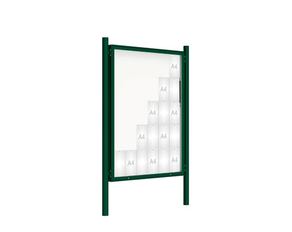 Schaukasten 2000 mit Pfosten Ø 76 mm Farbe:RAL 6005|Abmessungen:30 A4 - B 1350 x 1710 mm - Klapptür|Pfosten:Pfosten-Set zum Einbetonieren - Ohne Titelleiste