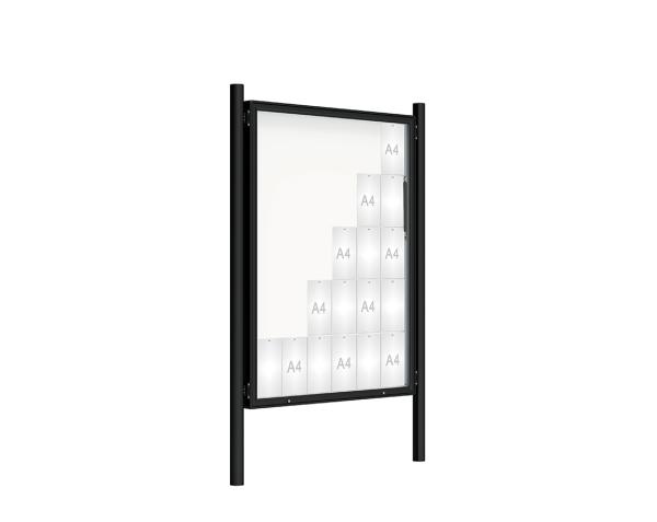 Schaukasten 2000 mit Pfosten Ø 76 mm Farbe:RAL 9005|Abmessungen:30 A4 - B 1350 x 1710 mm - Klapptür|Pfosten:Pfosten-Set zum Einbetonieren - Ohne Titelleiste