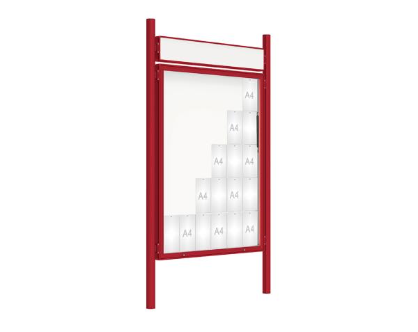 Schaukasten 2000 mit Pfosten Ø 76 mm Farbe:RAL 3004|Abmessungen:30 A4 - B 1350 x 1710 mm - Klapptür|Pfosten:Pfosten-Set zum Einbetonieren - Mit Titelleiste