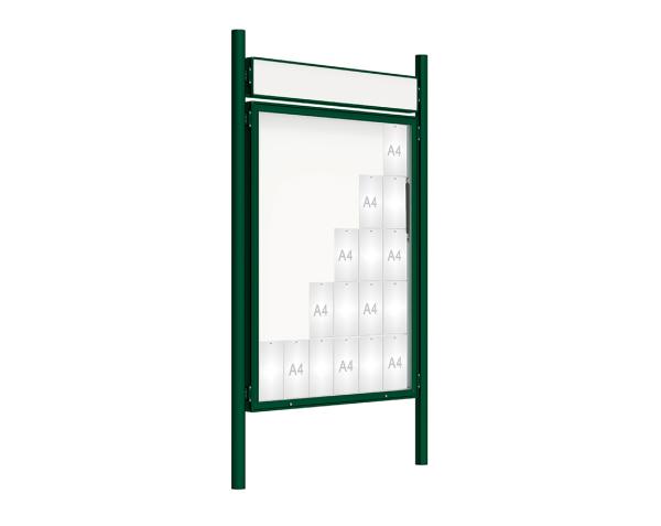 Schaukasten 2000 mit Pfosten Ø 76 mm Farbe:RAL 6005|Abmessungen:30 A4 - B 1350 x 1710 mm - Klapptür|Pfosten:Pfosten-Set zum Einbetonieren - Mit Titelleiste