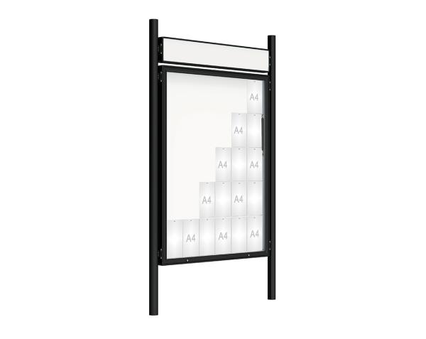 Schaukasten 2000 mit Pfosten Ø 76 mm Farbe:RAL 9005|Abmessungen:30 A4 - B 1350 x 1710 mm - Klapptür|Pfosten:Pfosten-Set zum Einbetonieren - Mit Titelleiste