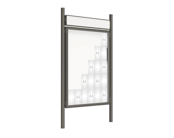 Schaukasten 2000 mit Pfosten Ø 76 mm Farbe:Procity grau|Abmessungen:30 A4 - B 1350 x 1710 mm - Klapptür|Pfosten:Pfosten-Set zum Einbetonieren - Mit Titelleiste