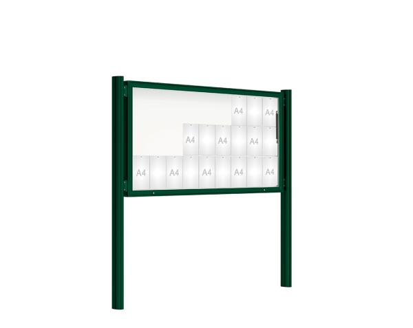Schaukasten 2000 mit Quatro-Pfosten Farbe:RAL 6005|Abmessungen:27 A4 - B 2010 x H 1000 mm - Klapptür|Pfosten:Pfosten-Set zum Einbetonieren - Ohne Titelleiste