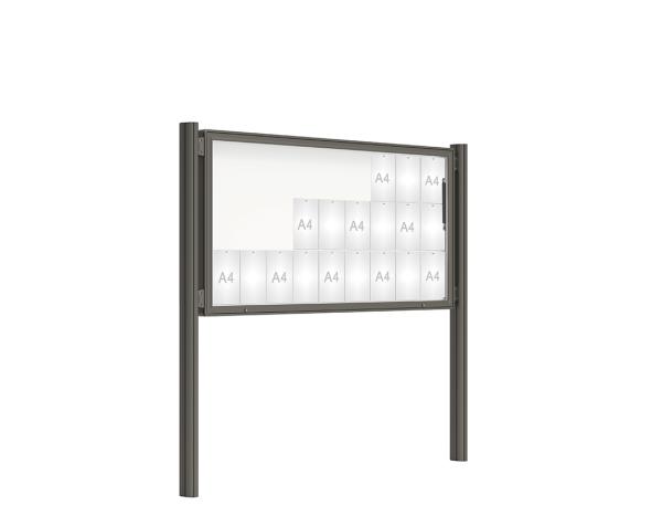 Schaukasten 2000 mit Quatro-Pfosten Farbe:Procity grau|Abmessungen:27 A4 - B 2010 x H 1000 mm - Klapptür|Pfosten:Pfosten-Set zum Einbetonieren - Ohne Titelleiste