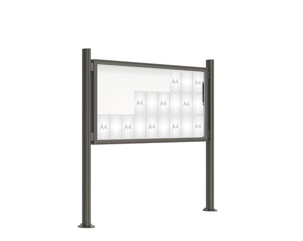 Schaukasten 2000 mit Quatro-Pfosten Farbe:Procity grau|Abmessungen:27 A4 - B 2010 x H 1000 mm - Klapptür|Pfosten:Pfosten-Set auf Bodenplatten - Ohne Titelleiste