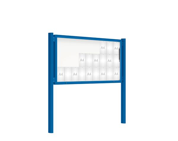 Schaukasten 2000 mit Quatro-Pfosten Farbe:RAL 5010|Abmessungen:27 A4 - B 2010 x H 1000 mm - Klapptür|Pfosten:Mittelpfosten zum Einbetonieren - Ohne Titelleiste