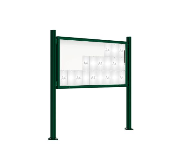 Schaukasten 2000 mit Quatro-Pfosten Farbe:RAL 6005|Abmessungen:27 A4 - B 2010 x H 1000 mm - Klapptür|Pfosten:Mittelpfosten auf Bodenplatte - Ohne Titelleiste