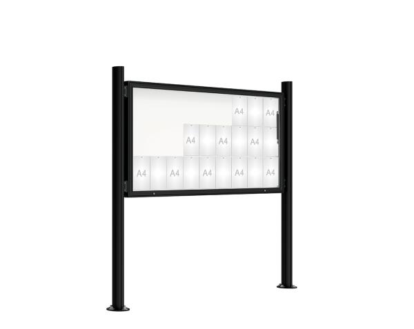 Schaukasten 2000 mit Quatro-Pfosten Farbe:RAL 9005|Abmessungen:27 A4 - B 2010 x H 1000 mm - Klapptür|Pfosten:Mittelpfosten auf Bodenplatte - Ohne Titelleiste