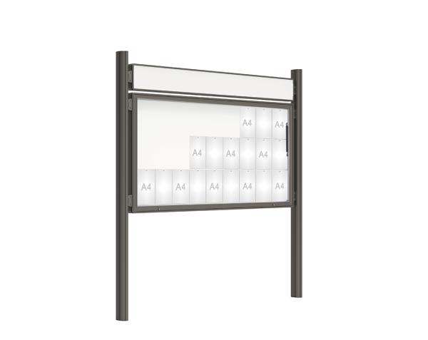 Schaukasten 2000 mit Quatro-Pfosten Farbe:Procity grau|Abmessungen:27 A4 - B 2010 x H 1000 mm - Klapptür|Pfosten:Pfosten-Set zum Einbetonieren - Mit Titelleiste