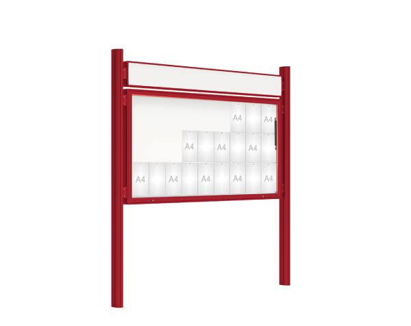 Schaukasten 2000 mit Quatro-Pfosten Farbe:RAL 3004|Abmessungen:27 A4 - B 2010 x H 1000 mm - Klapptür|Pfosten:Mittelpfosten zum Einbetonieren - Mit Titelleiste