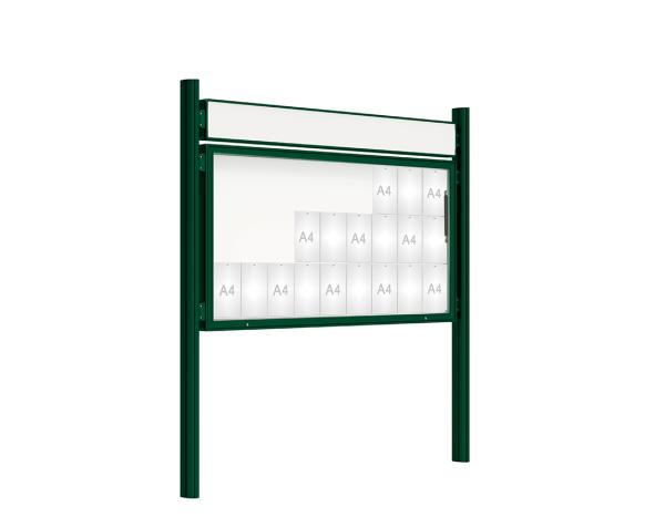 Schaukasten 2000 mit Quatro-Pfosten Farbe:RAL 6005|Abmessungen:27 A4 - B 2010 x H 1000 mm - Klapptür|Pfosten:Mittelpfosten zum Einbetonieren - Mit Titelleiste
