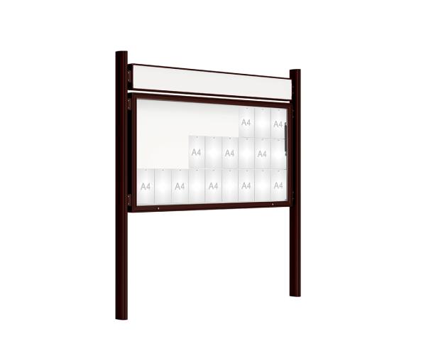 Schaukasten 2000 mit Quatro-Pfosten Farbe:RAL 8017|Abmessungen:27 A4 - B 2010 x H 1000 mm - Klapptür|Pfosten:Mittelpfosten zum Einbetonieren - Mit Titelleiste