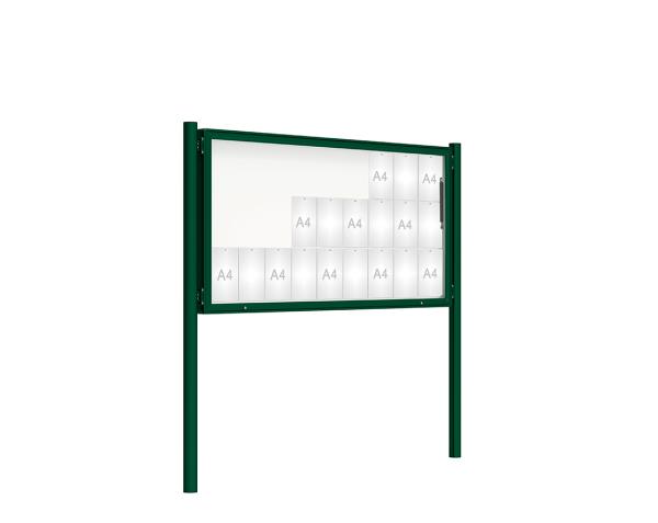Schaukasten 2000 mit Pfosten Ø 76 mm Farbe:RAL 6005|Abmessungen:27 A4 - B 2010 x H 1000 mm - Klapptür|Pfosten:Pfosten-Set zum Einbetonieren - Ohne Titelleiste