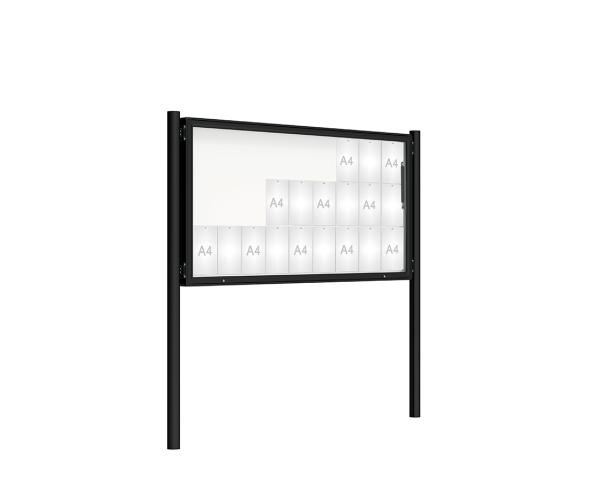 Schaukasten 2000 mit Pfosten Ø 76 mm Farbe:RAL 9005|Abmessungen:27 A4 - B 2010 x H 1000 mm - Klapptür|Pfosten:Pfosten-Set zum Einbetonieren - Ohne Titelleiste