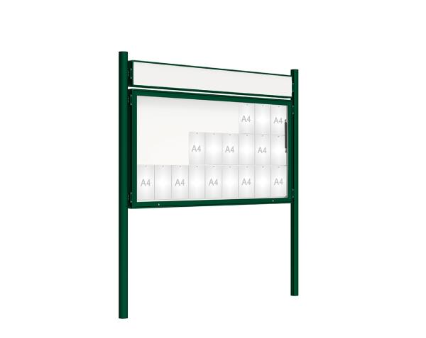 Schaukasten 2000 mit Pfosten Ø 76 mm Farbe:RAL 6005|Abmessungen:27 A4 - B 2010 x H 1000 mm - Klapptür|Pfosten:Pfosten-Set zum Einbetonieren - Mit Titelleiste