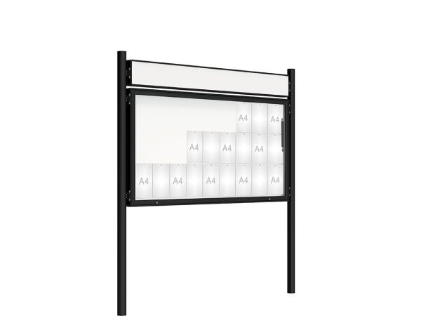 Schaukasten 2000 mit Pfosten Ø 76 mm Farbe:RAL 9005|Abmessungen:27 A4 - B 2010 x H 1000 mm - Klapptür|Pfosten:Pfosten-Set zum Einbetonieren - Mit Titelleiste