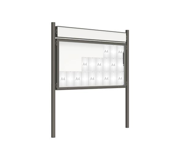 Schaukasten 2000 mit Pfosten Ø 76 mm Farbe:Procity grau|Abmessungen:27 A4 - B 2010 x H 1000 mm - Klapptür|Pfosten:Pfosten-Set zum Einbetonieren - Mit Titelleiste