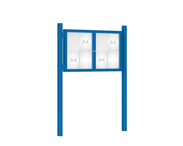 Schaukasten 1000 mit Quatro-Pfosten Farbe:RAL 5010|Abmessungen:8 A4 - B 1200 x H 750 mm - 2-flügelig|Pfosten:Pfosten-Set zum Einbetonieren - Ohne Titelleiste