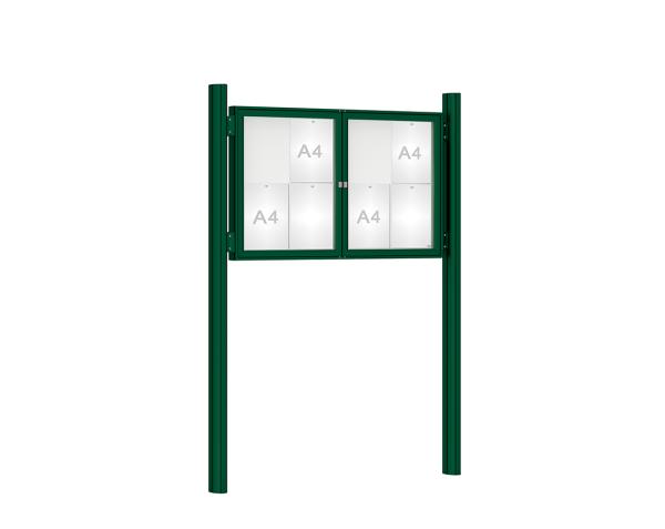 Schaukasten 1000 mit Quatro-Pfosten Farbe:RAL 6005|Abmessungen:8 A4 - B 1200 x H 750 mm - 2-flügelig|Pfosten:Pfosten-Set zum Einbetonieren - Ohne Titelleiste