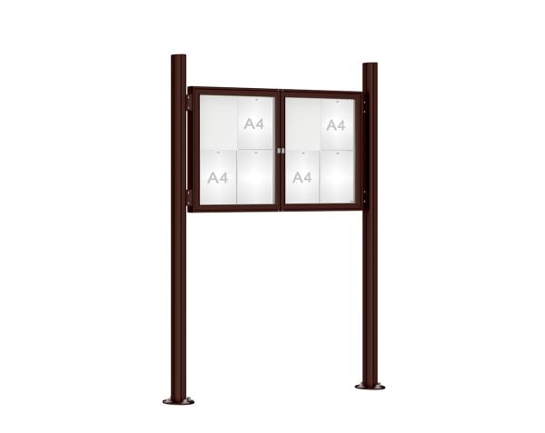 Schaukasten 1000 mit Quatro-Pfosten Farbe:RAL 8017|Abmessungen:8 A4 - B 1200 x H 750 mm - 2-flügelig|Pfosten:Pfosten-Set auf Bodenplatten - Ohne Titelleiste