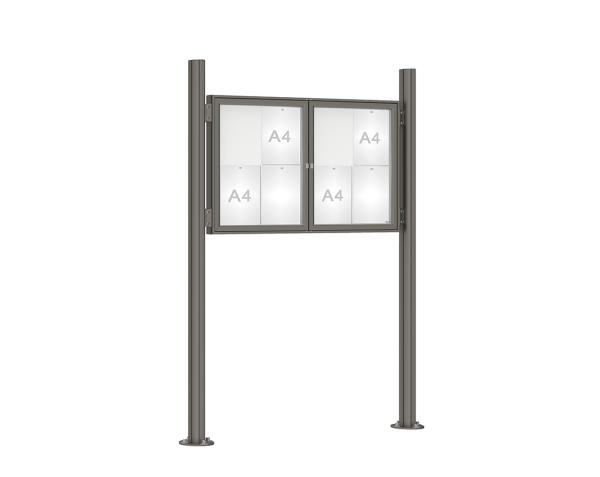 Schaukasten 1000 mit Quatro-Pfosten Farbe:Procity grau|Abmessungen:8 A4 - B 1200 x H 750 mm - 2-flügelig|Pfosten:Pfosten-Set auf Bodenplatten - Ohne Titelleiste