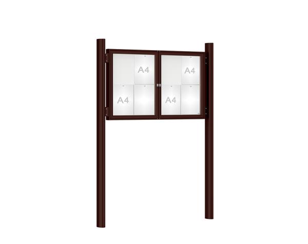 Schaukasten 1000 mit Quatro-Pfosten Farbe:RAL 8017|Abmessungen:8 A4 - B 1200 x H 750 mm - 2-flügelig|Pfosten:Mittelpfosten zum Einbetonieren - Ohne Titelleiste