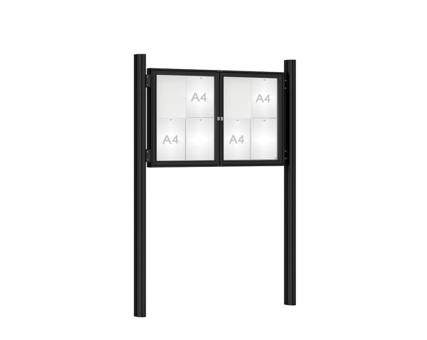 Schaukasten 1000 mit Quatro-Pfosten Farbe:RAL 9005|Abmessungen:8 A4 - B 1200 x H 750 mm - 2-flügelig|Pfosten:Mittelpfosten zum Einbetonieren - Ohne Titelleiste