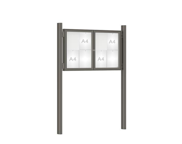 Schaukasten 1000 mit Quatro-Pfosten Farbe:Procity grau|Abmessungen:8 A4 - B 1200 x H 750 mm - 2-flügelig|Pfosten:Mittelpfosten zum Einbetonieren - Ohne Titelleiste
