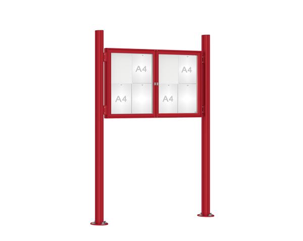 Schaukasten 1000 mit Quatro-Pfosten Farbe:RAL 3004|Abmessungen:8 A4 - B 1200 x H 750 mm - 2-flügelig|Pfosten:Mittelpfosten auf Bodenplatte - Ohne Titelleiste