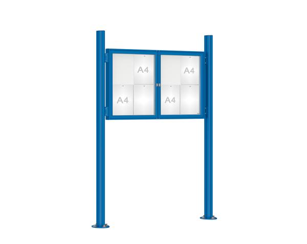 Schaukasten 1000 mit Quatro-Pfosten Farbe:RAL 5010|Abmessungen:8 A4 - B 1200 x H 750 mm - 2-flügelig|Pfosten:Mittelpfosten auf Bodenplatte - Ohne Titelleiste