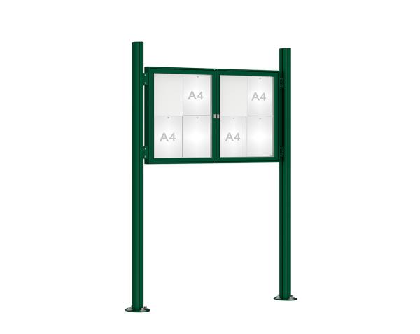 Schaukasten 1000 mit Quatro-Pfosten Farbe:RAL 6005|Abmessungen:8 A4 - B 1200 x H 750 mm - 2-flügelig|Pfosten:Mittelpfosten auf Bodenplatte - Ohne Titelleiste