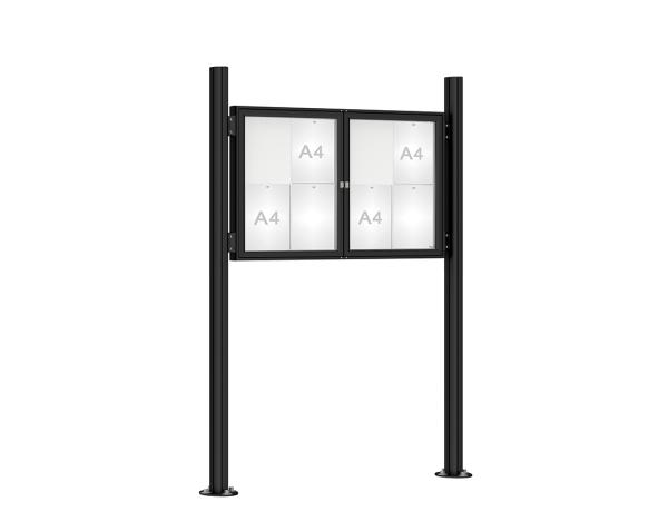 Schaukasten 1000 mit Quatro-Pfosten Farbe:RAL 9005|Abmessungen:8 A4 - B 1200 x H 750 mm - 2-flügelig|Pfosten:Mittelpfosten auf Bodenplatte - Ohne Titelleiste