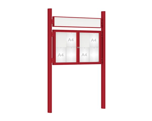 Schaukasten 1000 mit Quatro-Pfosten Farbe:RAL 3004|Abmessungen:8 A4 - B 1200 x H 750 mm - 2-flügelig|Pfosten:Pfosten-Set zum Einbetonieren - Mit Titelleiste