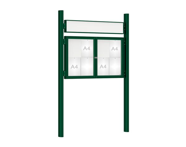 Schaukasten 1000 mit Quatro-Pfosten Farbe:RAL 6005|Abmessungen:8 A4 - B 1200 x H 750 mm - 2-flügelig|Pfosten:Pfosten-Set zum Einbetonieren - Mit Titelleiste